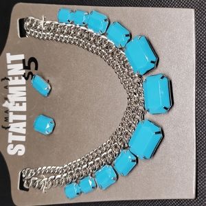 Cyan Blue Baguette Styled Stone Statement Necklace and Earring Set